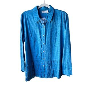 LOGO by Lori Goldstein Textured Blue Teal Ruffle Button Shirt Womens Size S